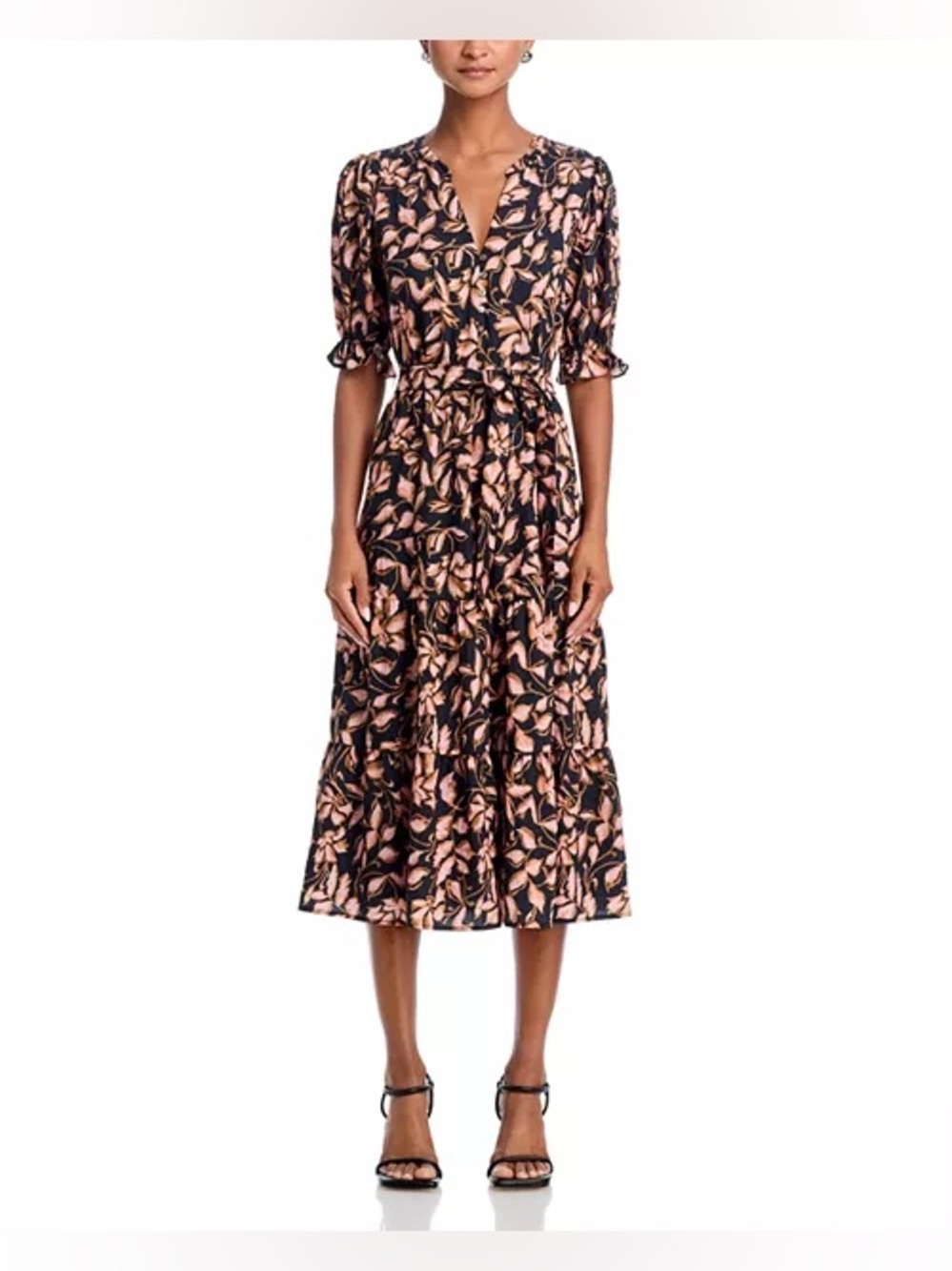 Rails-size Medium-Floral Tiered Midi Dress in Black/Pink/Peach-100% Cotton